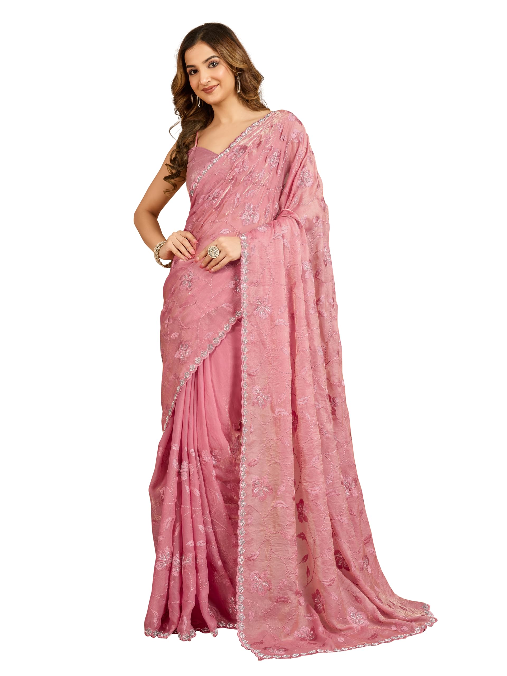 TRENDMALLS Women's Satin Embroidery Siroski work Saree with Unstitched Blouse Piece (K1237-LightPink)