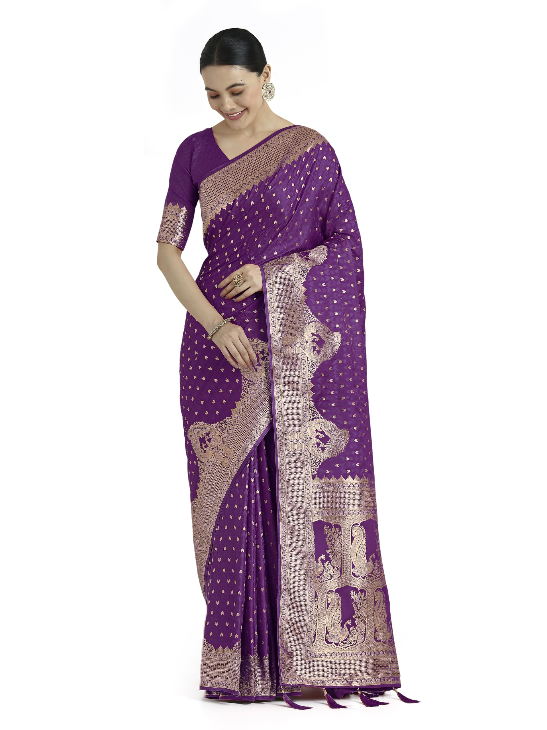 Monjolika Fashion Women's Elegant Purple Color Banarasi Satin Silk Saree With Gold Zari Weaving Work Comes with Unstitched Blouse Piece(13400_Color) (Purple)