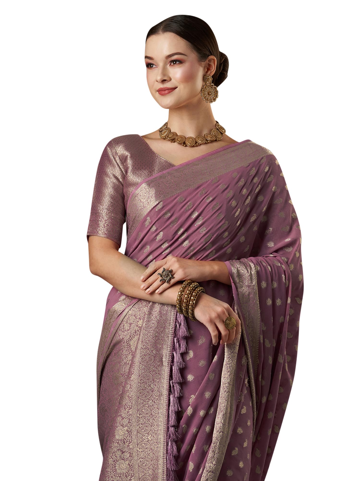 AKHILAM Women's Woven Design Georgette Kanjeevaram Saree With Unstiched Blouse Piece (Mauve_ARYA3001_FL)