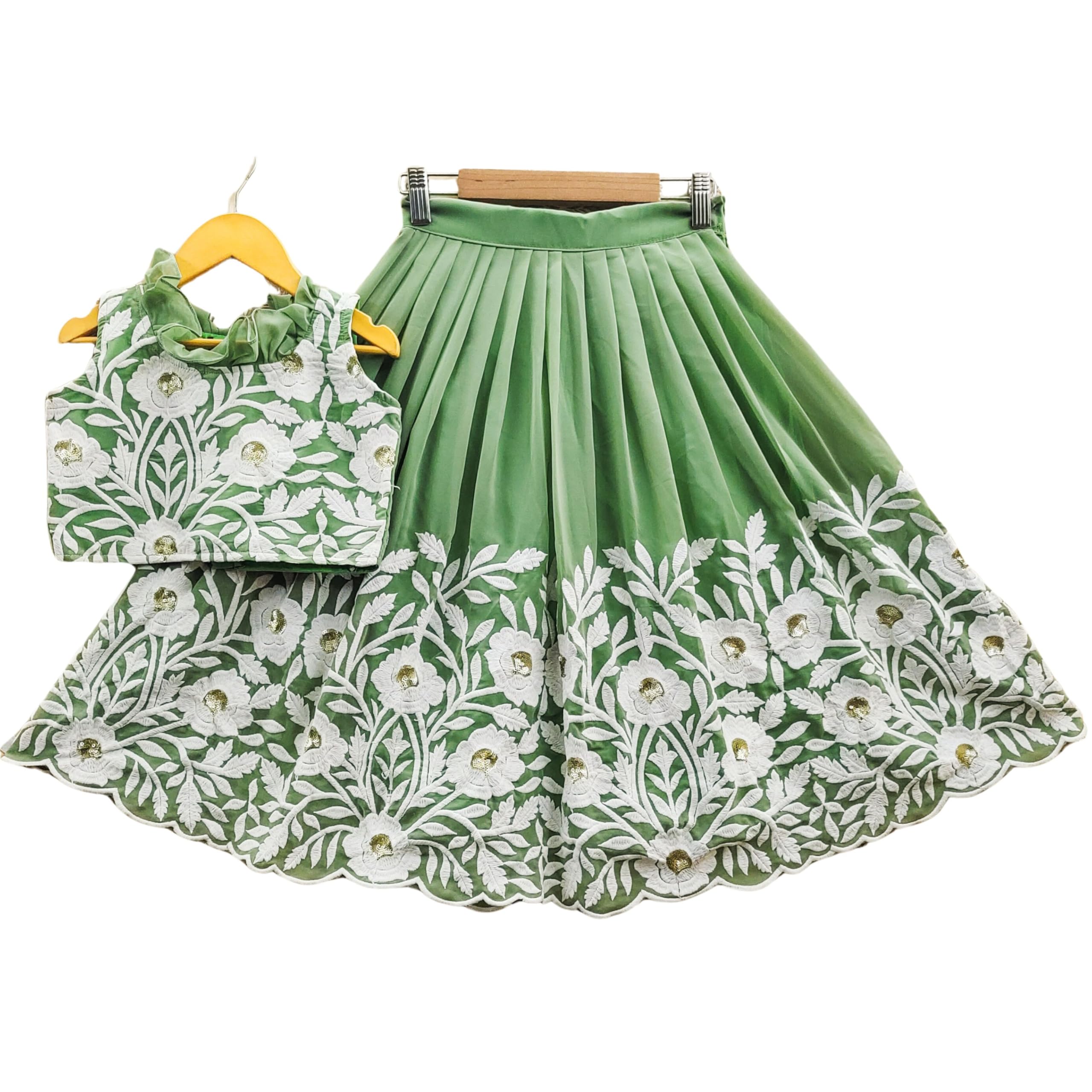 LAKAAE Girls Embroidered georgette Silk Full Stitched Lehenga Choli Set | Girls Ethnic Wear | Readymade Traditional Dress (6-7 Years, Pista)