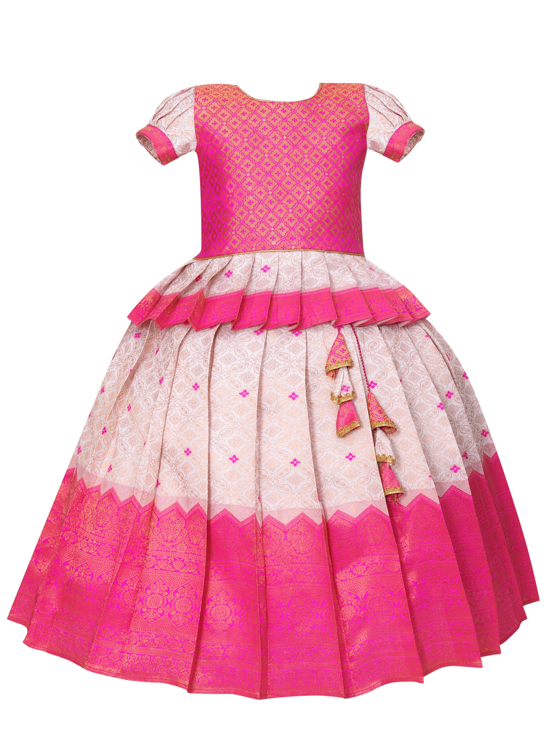 PW PLATYPUS WORLD New South Indian Traditional Pattu Pavadai Pattu Langa Lehenga Choli For Baby Girls Dress (6-7 Years, Pink & White)