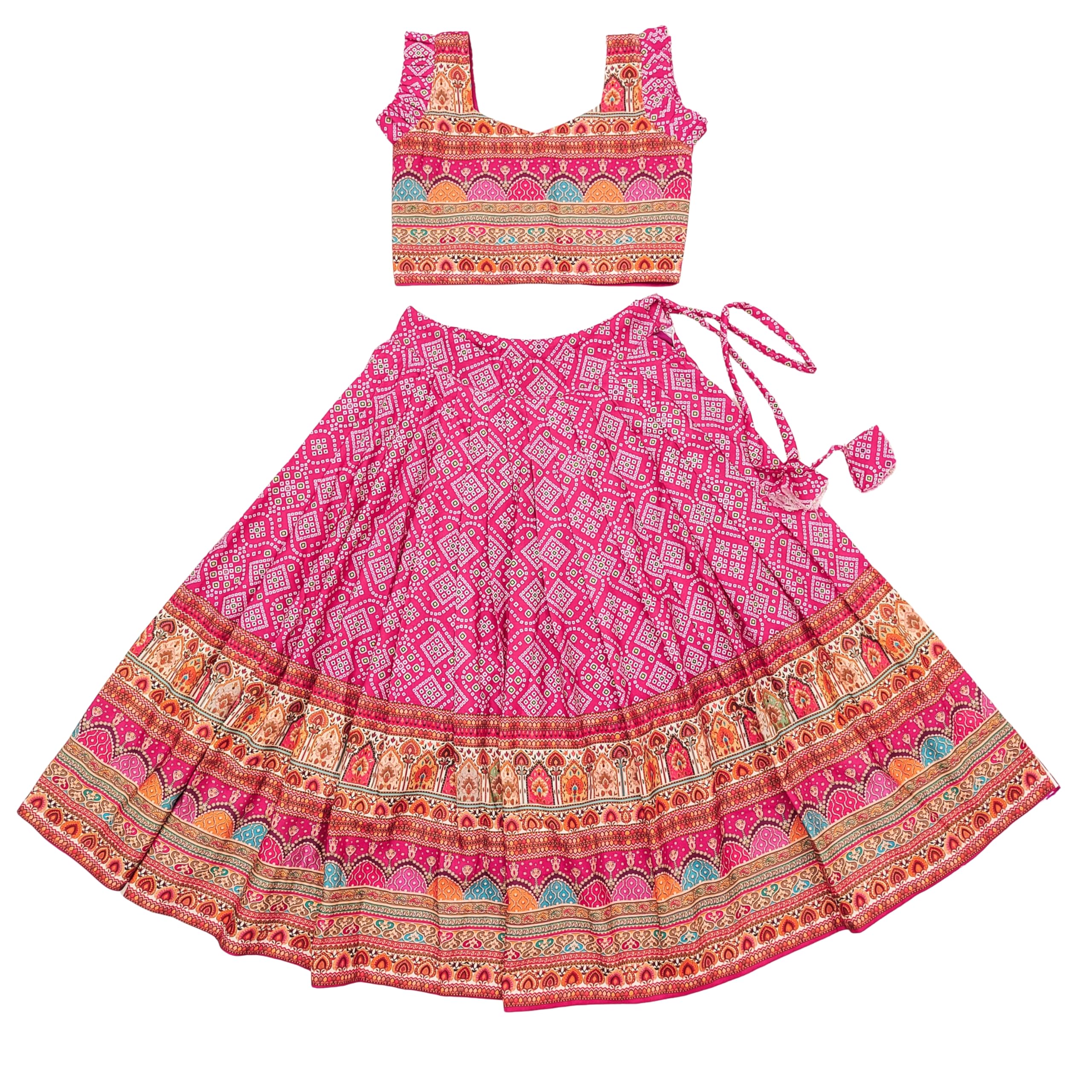 Bridezilla Fab Girls New Latest Rayon Silk Bandhani Print Readymade Lehenga Choli With Dupatta Set - Traditional Ethnic Navratri Dress - Kids Party Dress - 2-8 Years (6-7 Years, Pink)