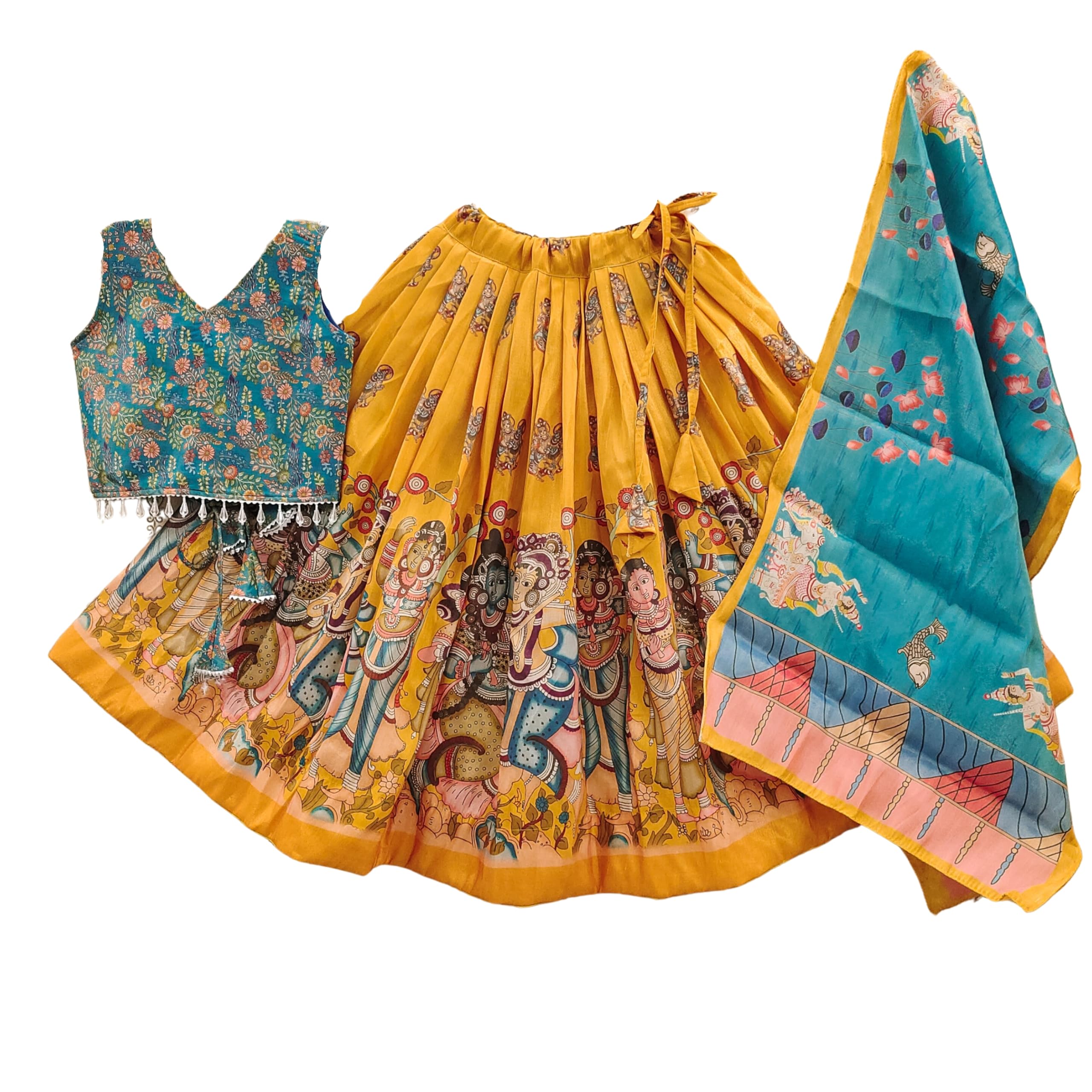 Helene Girls Ethnic Lehenga Choli Set with Printed Dupatta and Embellished Blouse (Yellow, 6-7 Years)